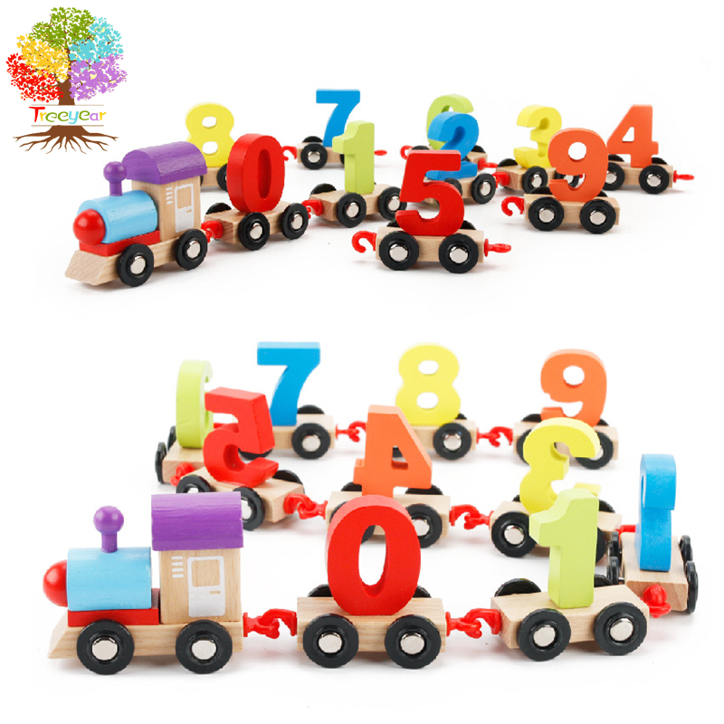 【樹年】櫸木拖拉積木車套裝數位火車拖拉玩具磁性積木車櫸木小車玩具