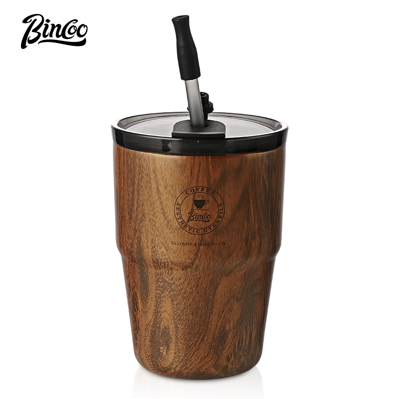 BINCOO 木紋咖啡杯 美式便攜保溫杯 復古不銹鋼水杯 適宜家用辦公 480ML/580ML