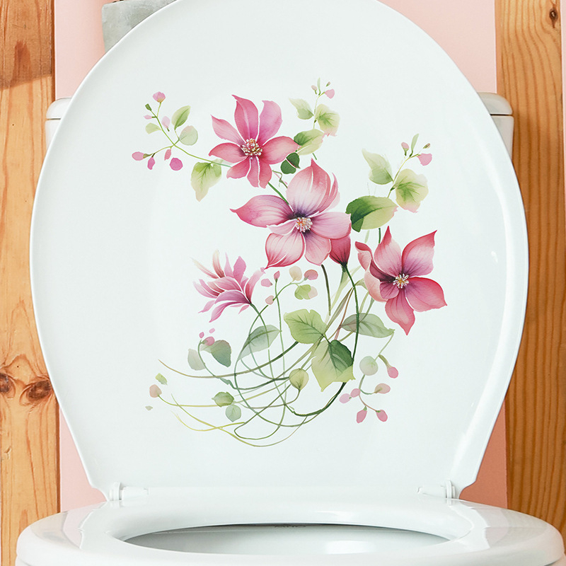 1 件裝彩繪花葉浴室馬桶貼紙,裝飾美化家居裝修自粘防水牆貼