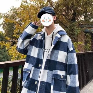 毛呢大衣男短版 港風韓版潮流 寬鬆毛呢風衣帥氣青少年格子外套