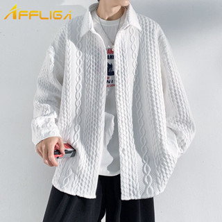 ✦AFFLIGA✦春秋男寬鬆上衣服國潮百搭休閒學生長袖巴洛克立體麻花翻領襯衫外套