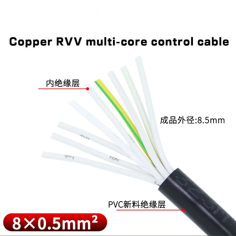 國標純銅RVV多芯控制電纜線8芯0.5/0.75/1/1.5/2.5平方軟芯信號線**--