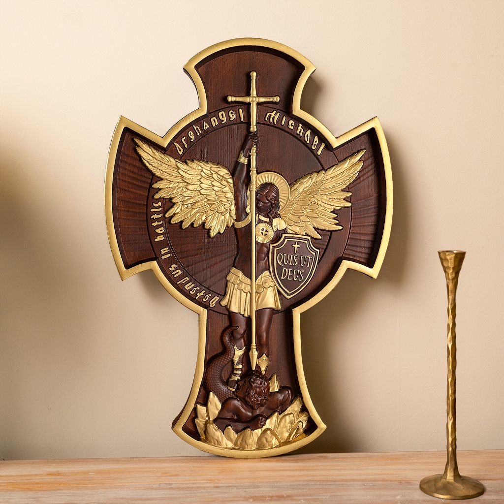 大天使邁克爾十字架大天使雕像木質吊飾基督教十字架室內牆壁裝飾木雕牆藝術