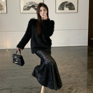 韓版時尚套裝女裝性感黑色寬鬆毛毛套頭上衣+高腰中長款亮片魚尾半身裙兩件套
