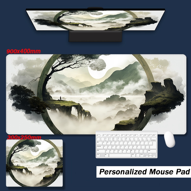 風景藝術插圖滑鼠墊 | 加長滑鼠墊 | 900x400mm | 精密縫合邊緣 | 可愛的桌墊 | 大型遊戲滑鼠墊