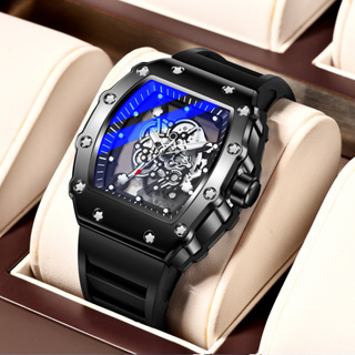 金黑色錶盤桶形鏤空男士手錶機械風格矽膠錶帶夜光指針雙面骨架石英腕錶