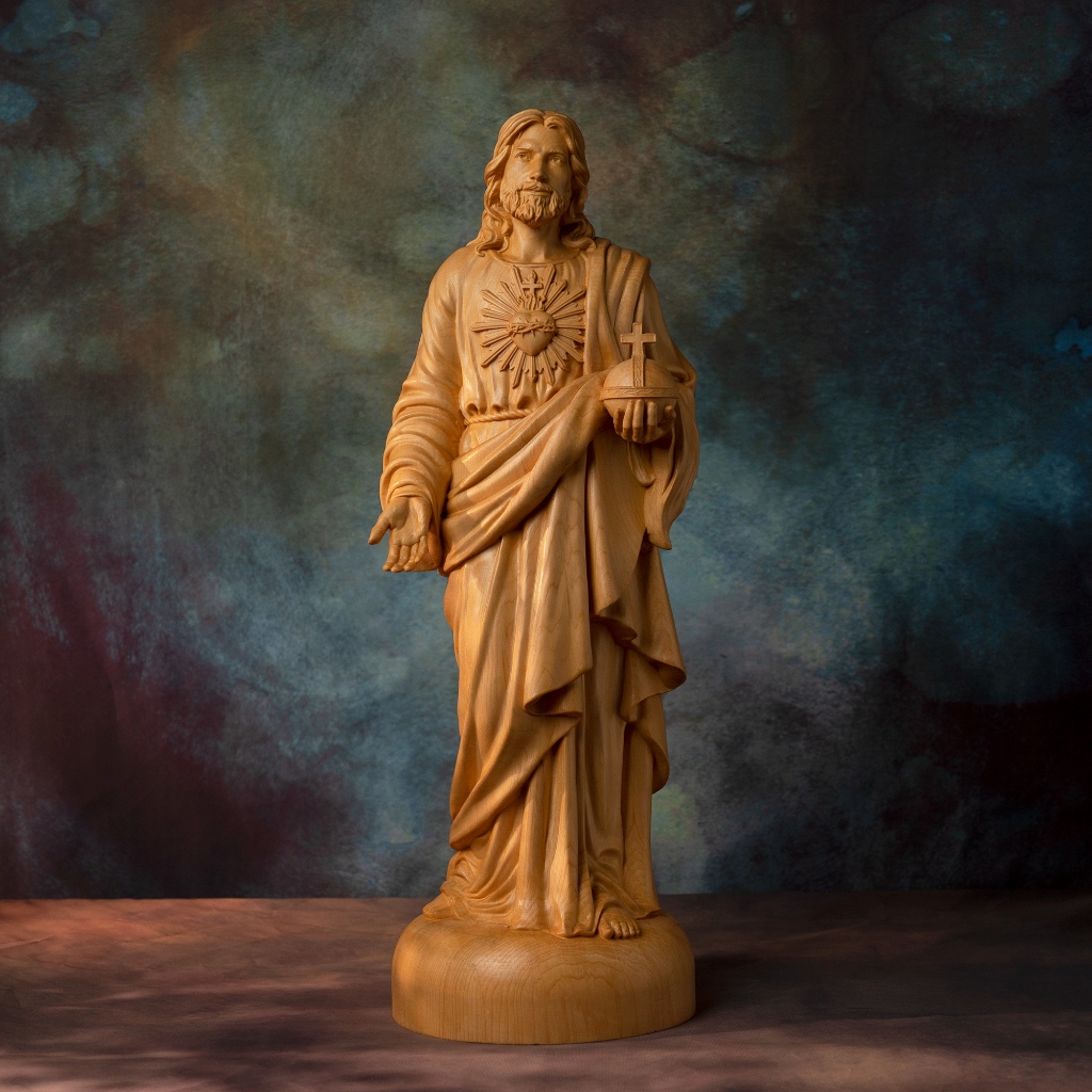 手工雕刻聖心耶穌雕像天主教聖像基督教裝飾木雕歐洲檜木精雕宗教工藝品耶穌擺件教堂聖物
