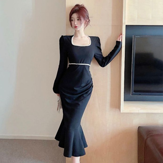 韓版時尚性感長裙女裝緊身收腰圓領釘珠中長款長袖魚尾洋裝