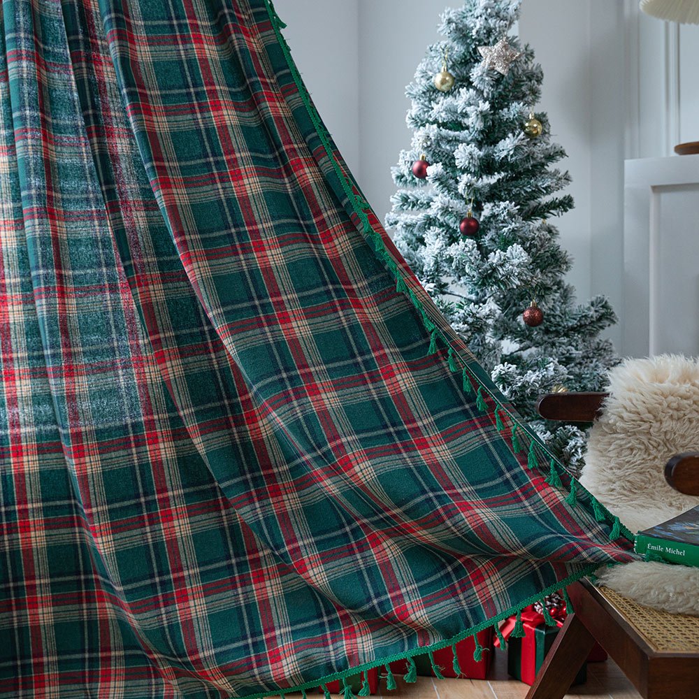 棉質窗簾帶流蘇半遮光窗簾窗推拉門聖誕裝飾綠色格子