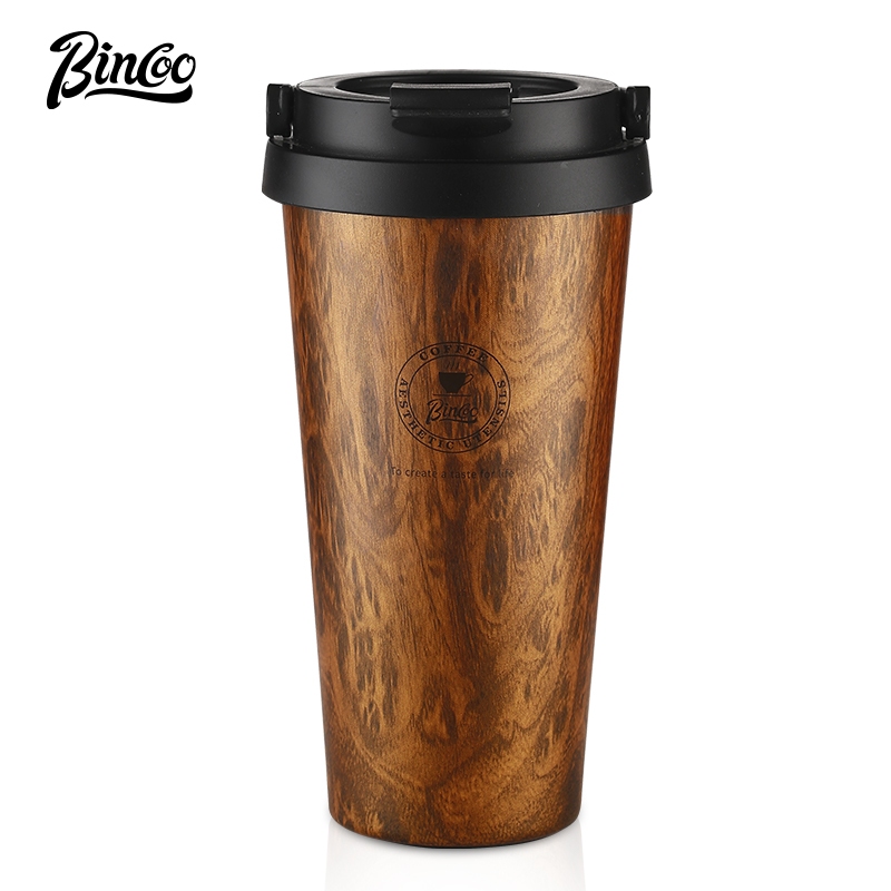 BINCOO 木紋保溫杯 高顏值便攜外帶隨行咖啡杯 高級感男女士復古茶杯 大容量戶外旅行 500ML