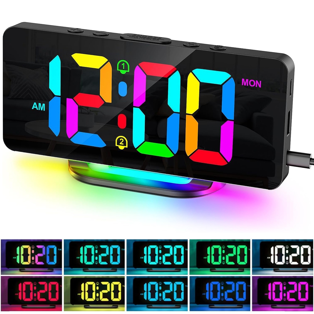 數字鬧鐘彩色動態 RGB 夜燈雙鬧鐘溫度日期顯示貪睡時鐘現代電子時鐘適用於家庭辦公室臥室