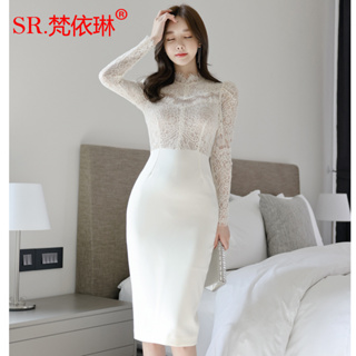 2024韓版OL蕾絲拼接洋裝 氣質優雅長袖秋裝包臀裙 緊身顯瘦上班短裙 時尚好品質