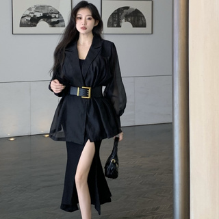 韓版時尚套裝女裝黑色緊身收腰長袖網紗拼接西裝外套+高腰中長款不規則設計感半身裙兩件套配腰帶