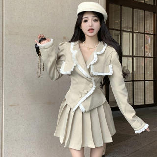 韓版時尚套裝女裝緊身翻領長袖流蘇毛邊拼接短外套+高腰百褶半身裙兩件套