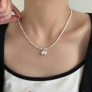 925 純銀方珠心形吊墜珍珠項鍊時尚銀銼項鍊