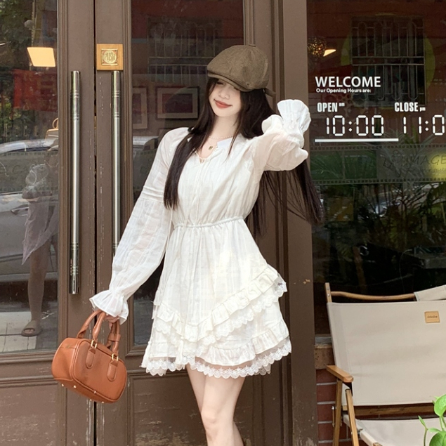 韓版雪紡A字洋裝女裝緊身收腰白色蕾絲花邊拼接圓領長袖洋裝
