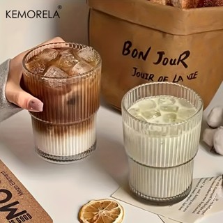 KEMORELA 風格摺紙條紋咖啡杯復古透明杯茶奶果汁杯杯子豎條紋玻璃咖啡杯家用好看冰美式拿鐵牛奶杯300ml/10oz