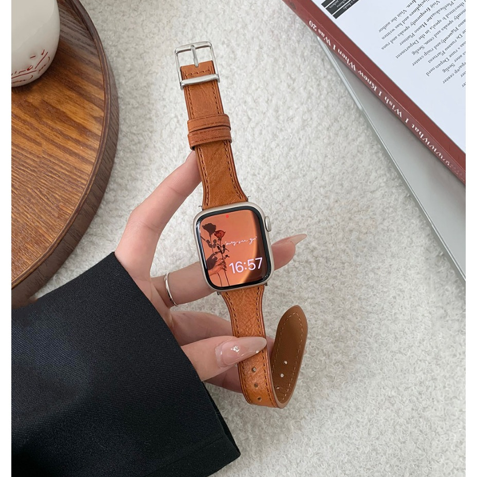 方扣小蠻腰真皮錶帶 適用Apple watch 6 7 8 9代蘋果錶帶 iwatch 456SE 41/44/45mm