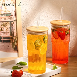 KEMORELA 吸管玻璃杯帶蓋夏季冷飲果汁條紋玻璃杯大容量吸管杯帶蓋吸管透明玻璃咖啡杯果汁奶茶大容量
