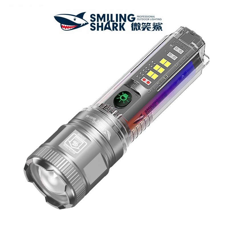 微笑鯊正品 SD1022 太陽能手電筒 M60 6000LM強光多功能手電筒 帶紅藍閃Type-C充電戶外變焦應照明耐用