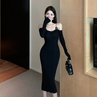 韓版黑色性感長裙女裝緊身收腰拼接蕾絲一字領露肩長袖緊身洋裝