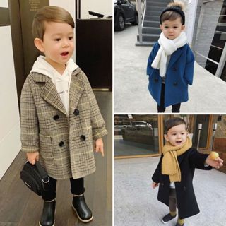男嬰羊毛夾克長款雙排扣保暖嬰幼兒翻領粗花呢外套外套大衣