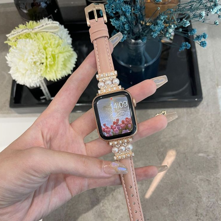 【現貨】Apple Watch 真皮鑲珍珠 設計款錶帶 S7 S8 S9 41 45 40mm 女士錶帶