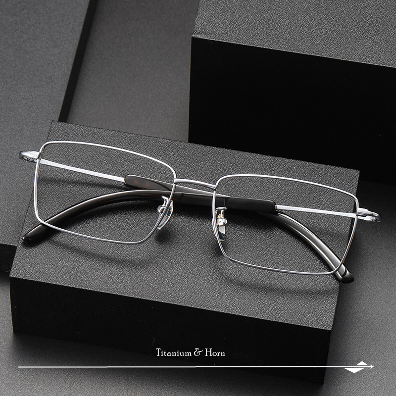 高級商務風格 鈦和牛角組合長方形全框眼鏡 精英男士光學眼鏡H2301