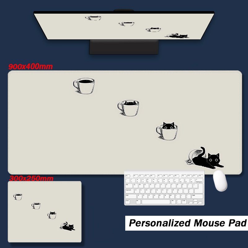 可愛貓咪滑鼠墊 | 加長滑鼠墊 | 900x400mm | 精密縫合邊緣 | 可愛的桌墊 | 大型遊戲滑鼠墊 | 桌墊