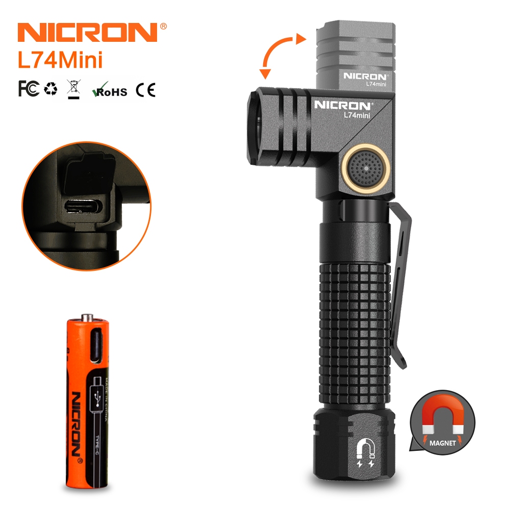 Nicron 手電筒 L74 迷你 400 流明 6 種模式雙燃料迷你 LED 手電筒燈帶強磁尾 90°轉角