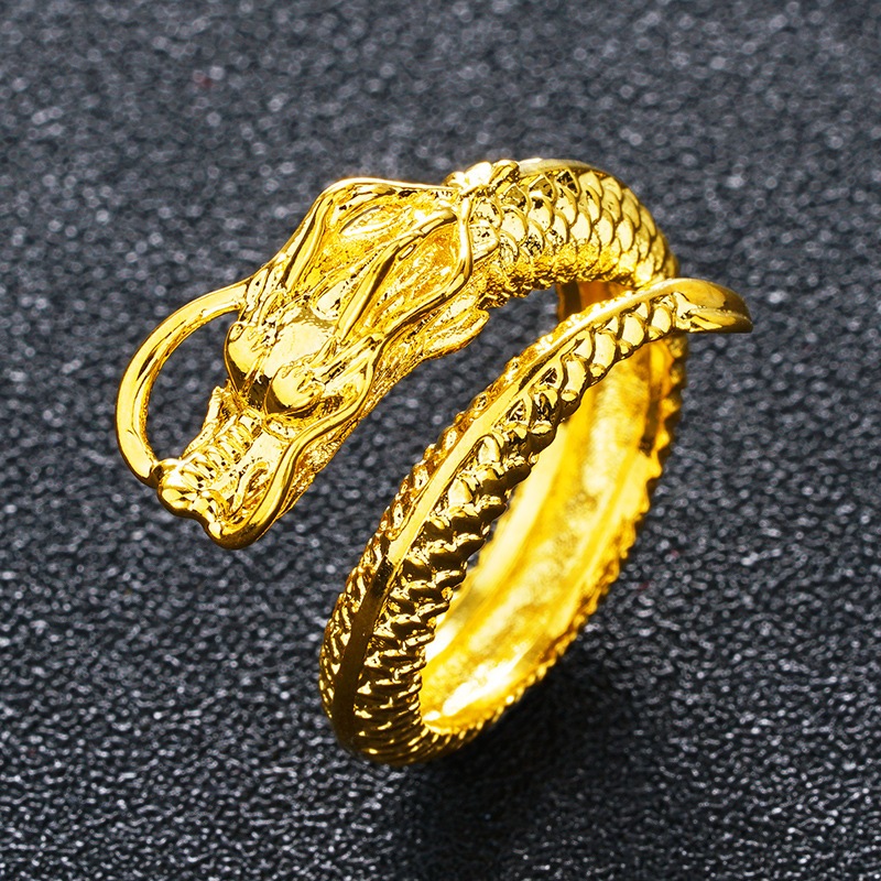 越南沙金 鍍金龍頭浮雕霸氣男士開口指環黃銅電鍍24k金女士戒指