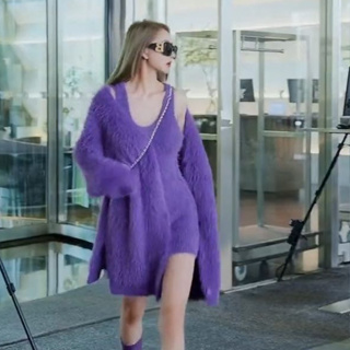 韓版針織套裝女裝冬天新品紫色性感中長款長袖毛衣小外套外套+緊身彈力無袖吊帶洋裝兩件套