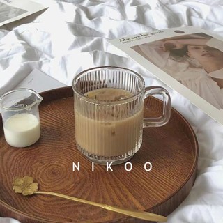NIKOO★ins風玻璃條紋杯 馬克杯 冰美式咖啡杯帶蓋勺帶把馬克杯早餐牛奶杯喝水杯子家用