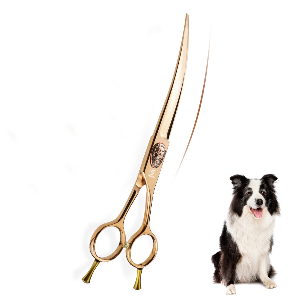 Sangelar 7.5 英寸玫瑰金日本 440c 彎曲剪刀下彎，上彎寵物美容剪刀，貓咪狗狗毛髮造型工具