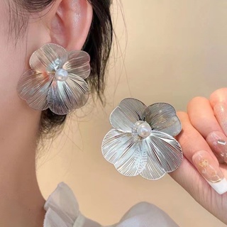 925銀針韓國誇張珍珠大花朵耳環小眾高級感氣質耳飾