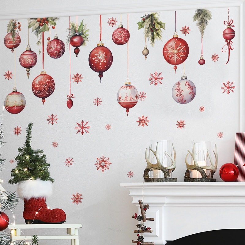 2PCS/SET 耶誕節裝飾牆貼，耶誕綵球節日裝飾貼紙，自粘防水透明牆貼，兒童房家居裝飾牆貼