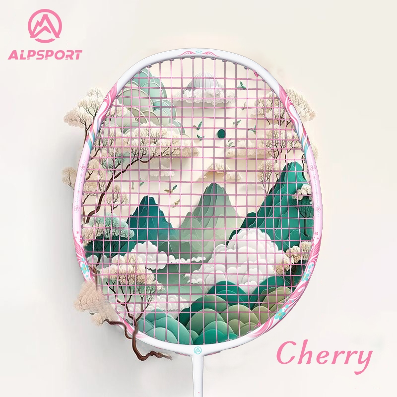 ALPSPORT 新款櫻桃木100%全碳纖維原創設計女生训练羽毛球拍 T800拍弦握把粉紅色Reket ALP TX球拍