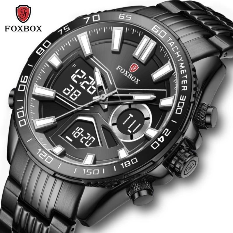 FOXBOX時尚運動數字手錶男士防水夜光不銹鋼黑色藍色金色雙顯示LIGE男士手錶