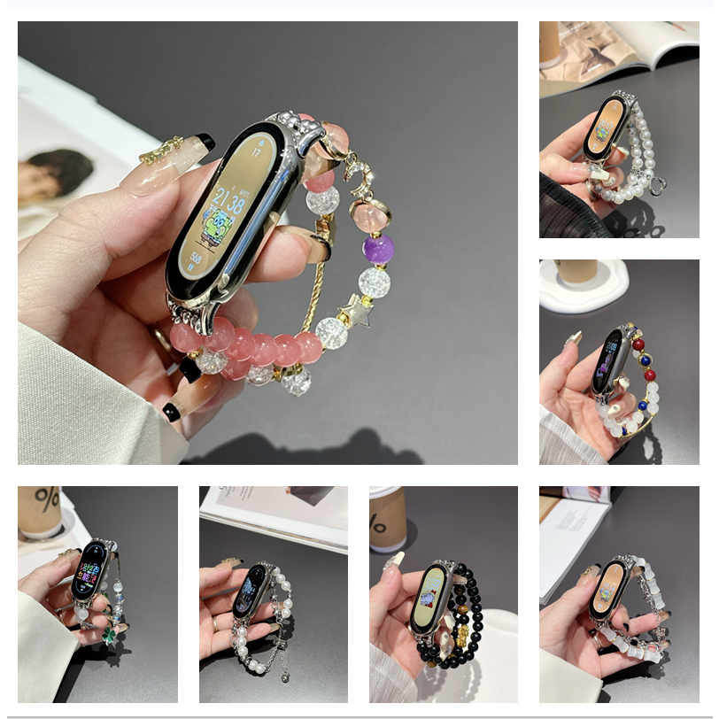 輕奢小米手環8系列珍珠貓眼石四葉草手鍊式小米8錶帶NFC腕帶女款智能替換帶