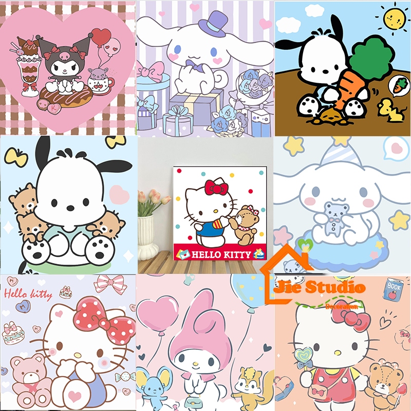 ✨免運+現貨✨ DIY兒童成人數字油畫20x20帶框繪畫練習 hello kitty melody 20*20數位裝飾畫