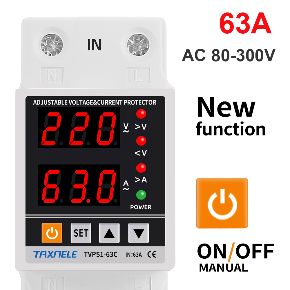 雙顯示屏 63A 80-300V 110V 230V Din 導軌可調數字過壓繼電器電湧保護器極限過電流保護