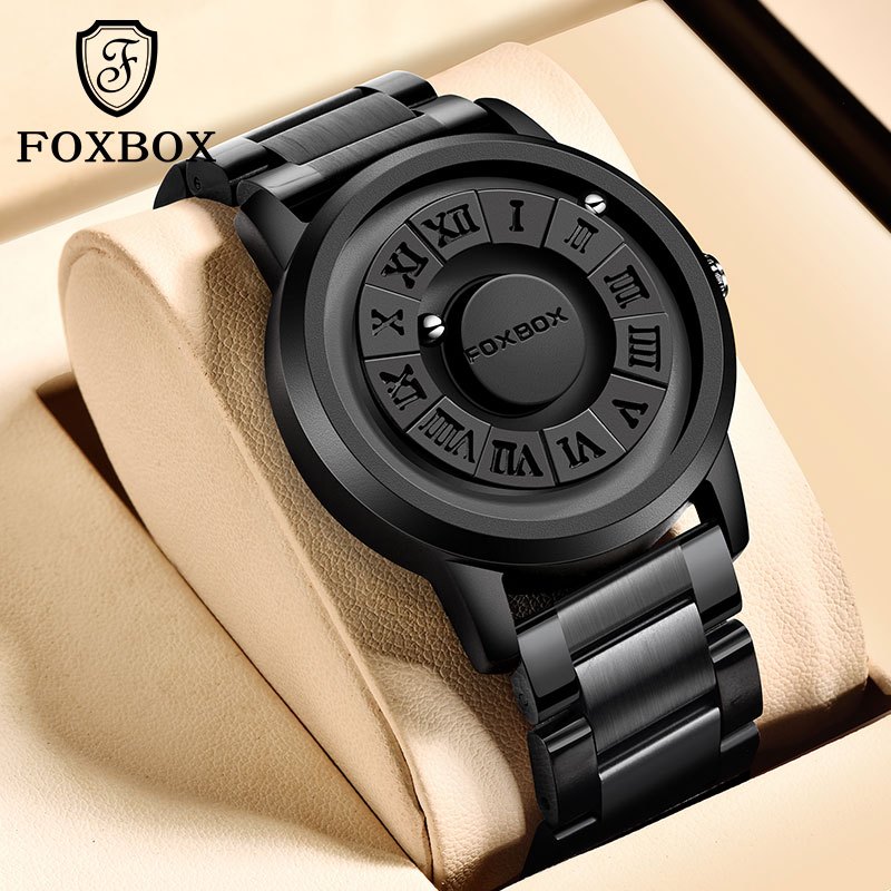 Foxbox 男士手錶創意不銹鋼錶帶捲軸珠磁力防水石英手錶男士
