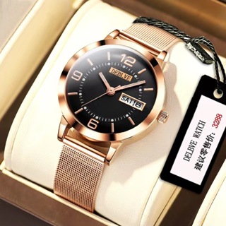 原裝豪華不鏽鋼防水時尚女士手錶簡約商務雙日曆夜光石英腕錶