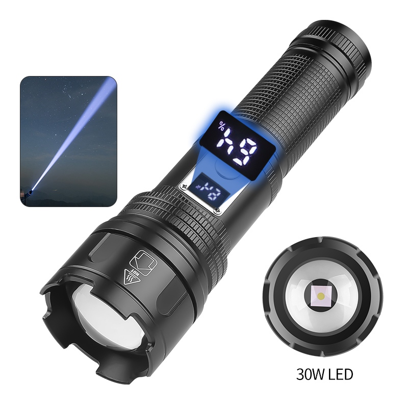 強光30w LED戶外手電筒超遠距離1200LM伸縮變焦18650電池TYPE-C充電照明應急手電筒1056