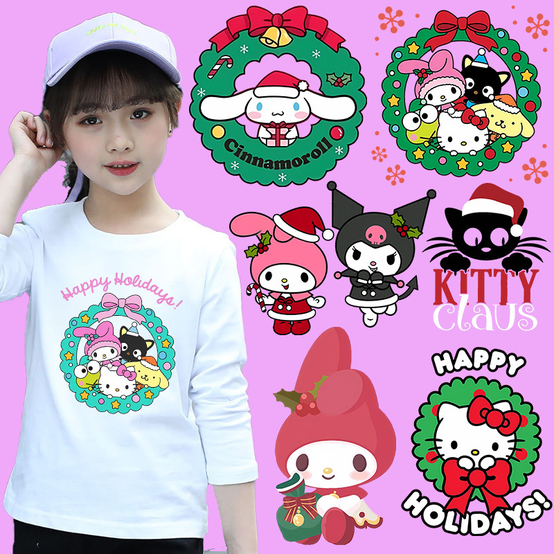 聖誕 Hello Kitty 熱轉印貼紙女孩 T 恤 DIY 裝飾 Melody Kuromi 可愛印花衣服熨燙貼片節日