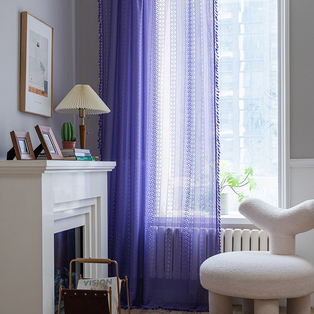 紫色巴里紗窗簾鉤針針織窗簾帶流蘇用於推拉門窗裝飾