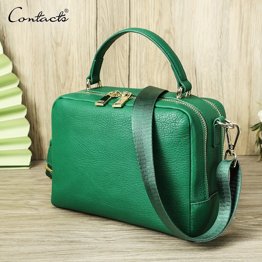 CONTACT'S 女士手提包全粒面皮革 2 拉鍊綠色女士側背包手提包