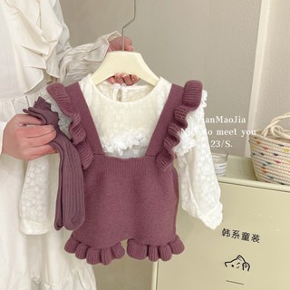 韓國童裝 女童秋冬季套裝洋氣立體花朵長袖娃娃衫荷葉邊針織揹帶褲兩件套大童