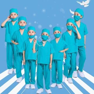 兒童醫生角色扮演套裝護士服裝套裝綠色褲子禮帽服裝兒童萬聖節派對禮服