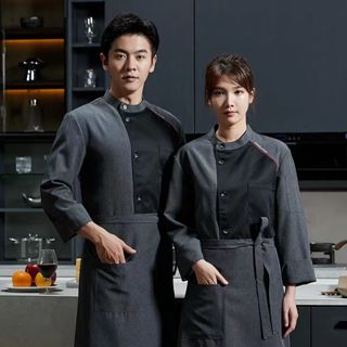 酒店長袖廚師大衣t恤廚師制服外套餐廳麵包店餐飲服務透氣烹飪服